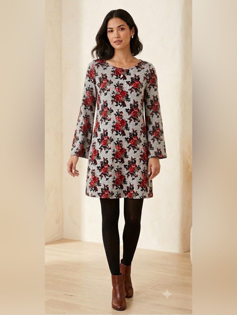 NWT Deadstock Sears Canada Floral Bell Sleeve A-Line Tunic Dress Grey Red XL